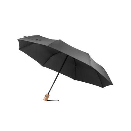 RIVER. Parapluie pliable en rPET avec manche en bois personnalisé