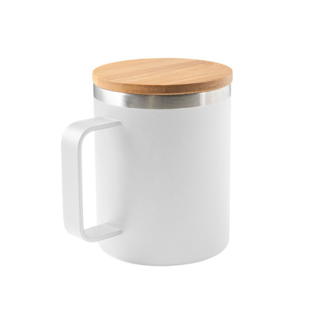 LAUDA. Mug en acier inoxydable recyclé à 90% avec couvercle en bambou personnalisé